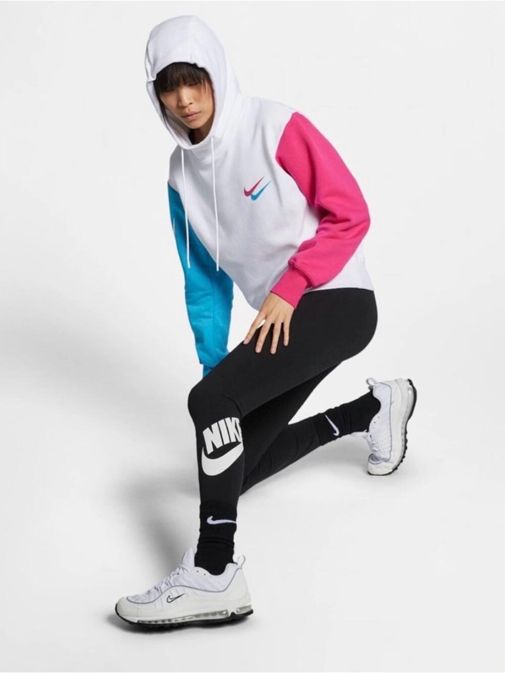 NEW NIKE COLOR BLOCK HOODIE SWEATSHIRT WHITE BLUE PINK VERY SOFT SZ M